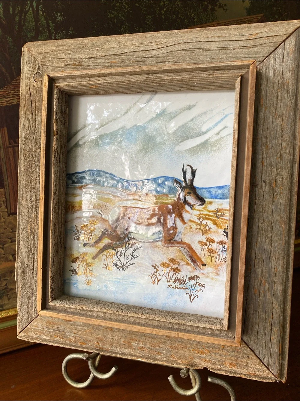 Vintage Rabianim Enamel on Copper Art, Mid Century Pronghorn Antelope “Wildlife